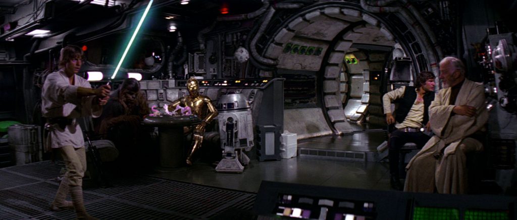 Interior of the Mellenium Falcon from a New Hope with characters Obi Wan, Han Solo, Luke Skywalker, Chewbacca, C3PO, and R2-D2.