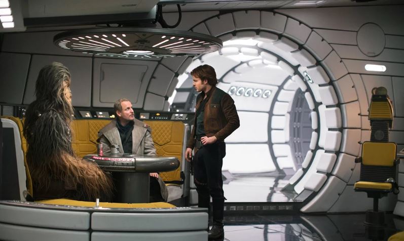 Inside of the Millenium Falcon with characters Chewbacca, Han Solo, and Beckett.