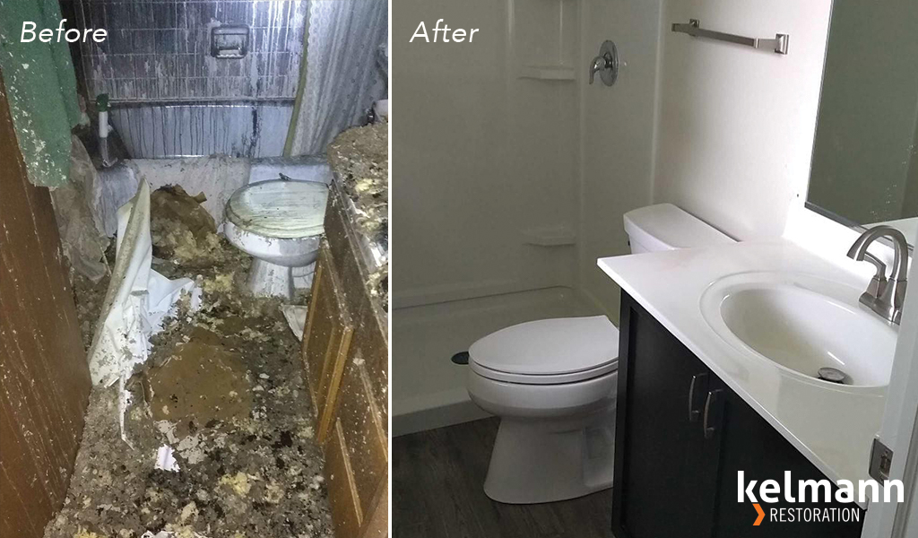 Before and after comparison of Brookfield bathroom remodel after fire damage