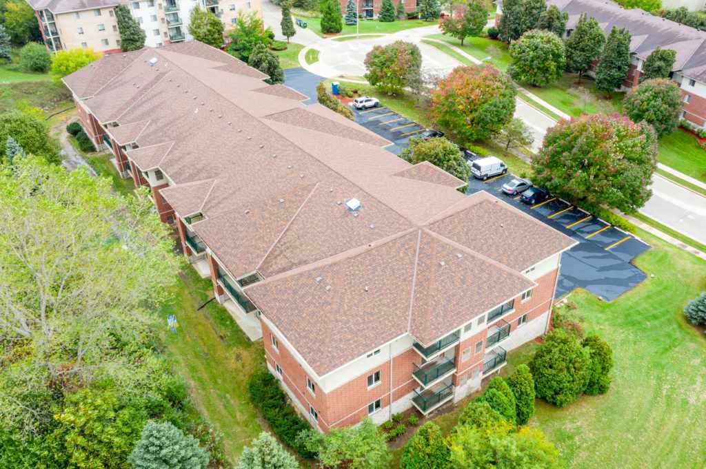 Aerial view of an apartment building after fire restoration in Waukesha, WI
