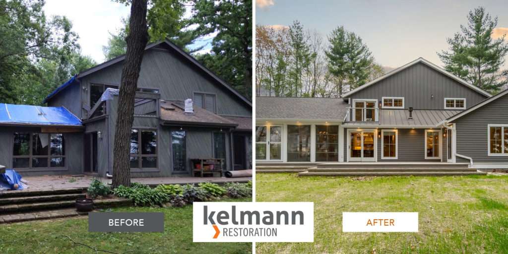 Before and after home restoration project by Kelmann Restoration in Oconomowoc, WI