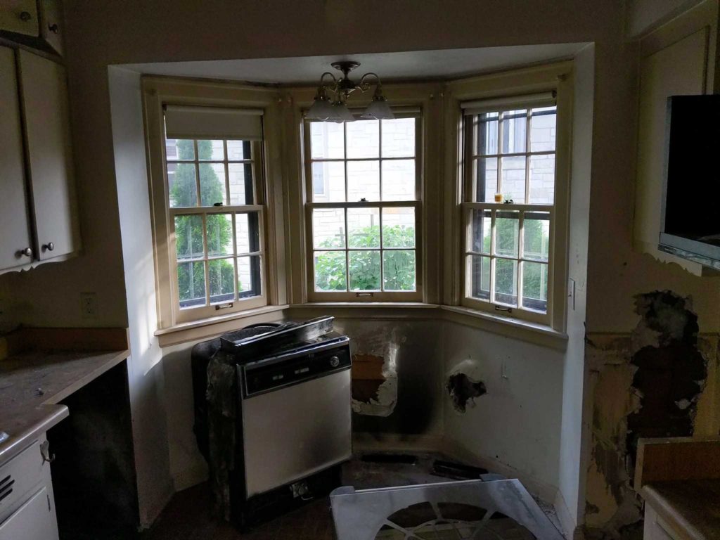 Dehumidifier Fire Restoration shown in a burned kitchen area in Milwaukee and Waukesha Counties