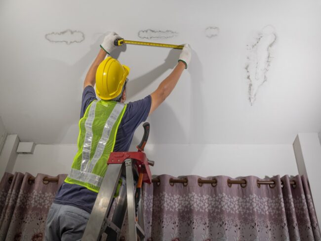 Worker repairing leaking ceiling pipe and water damage stain in Wauwatosa, WI